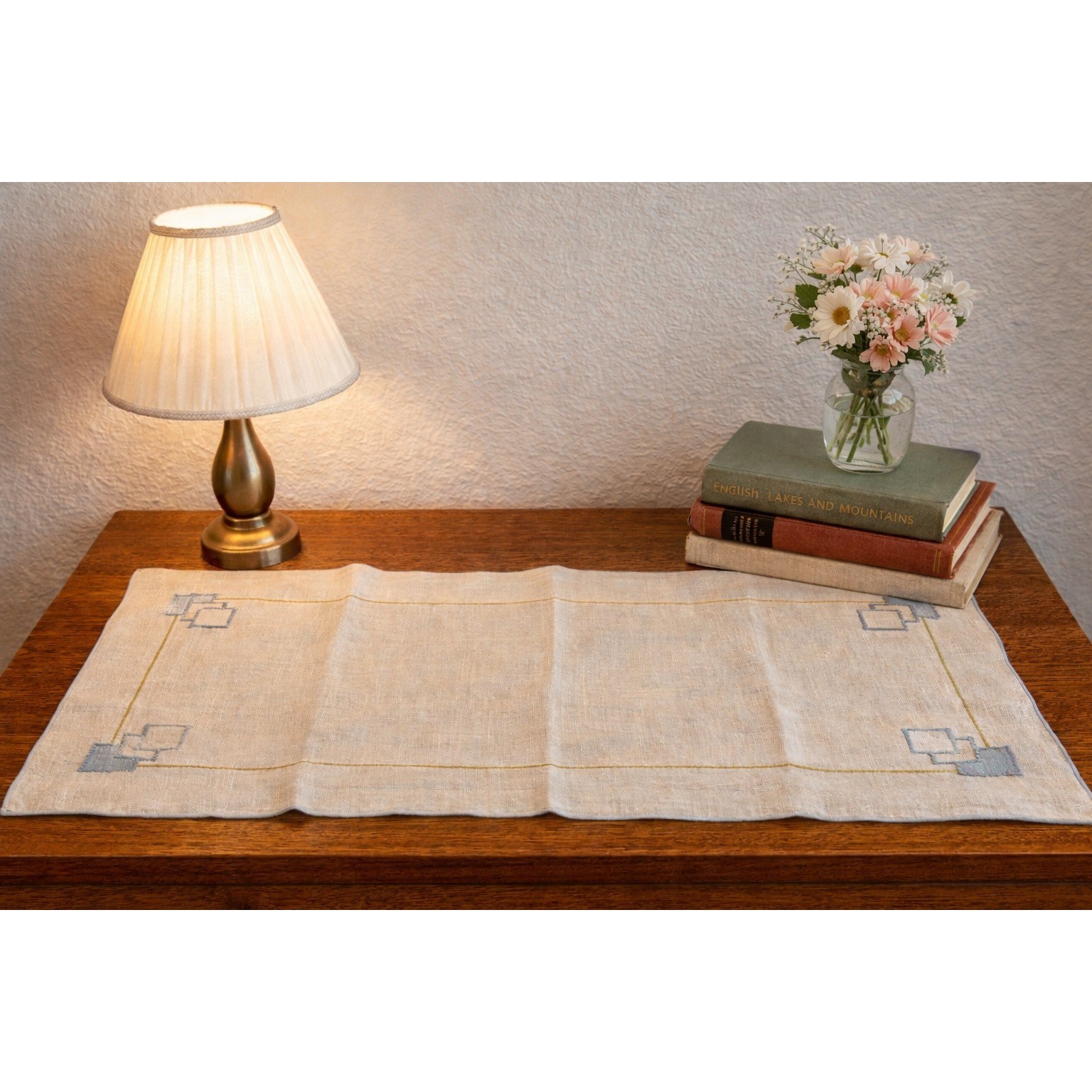 Linen Table Runner Ivory Blue Off-White Art Deco Geometric Embroidered MCM gallery