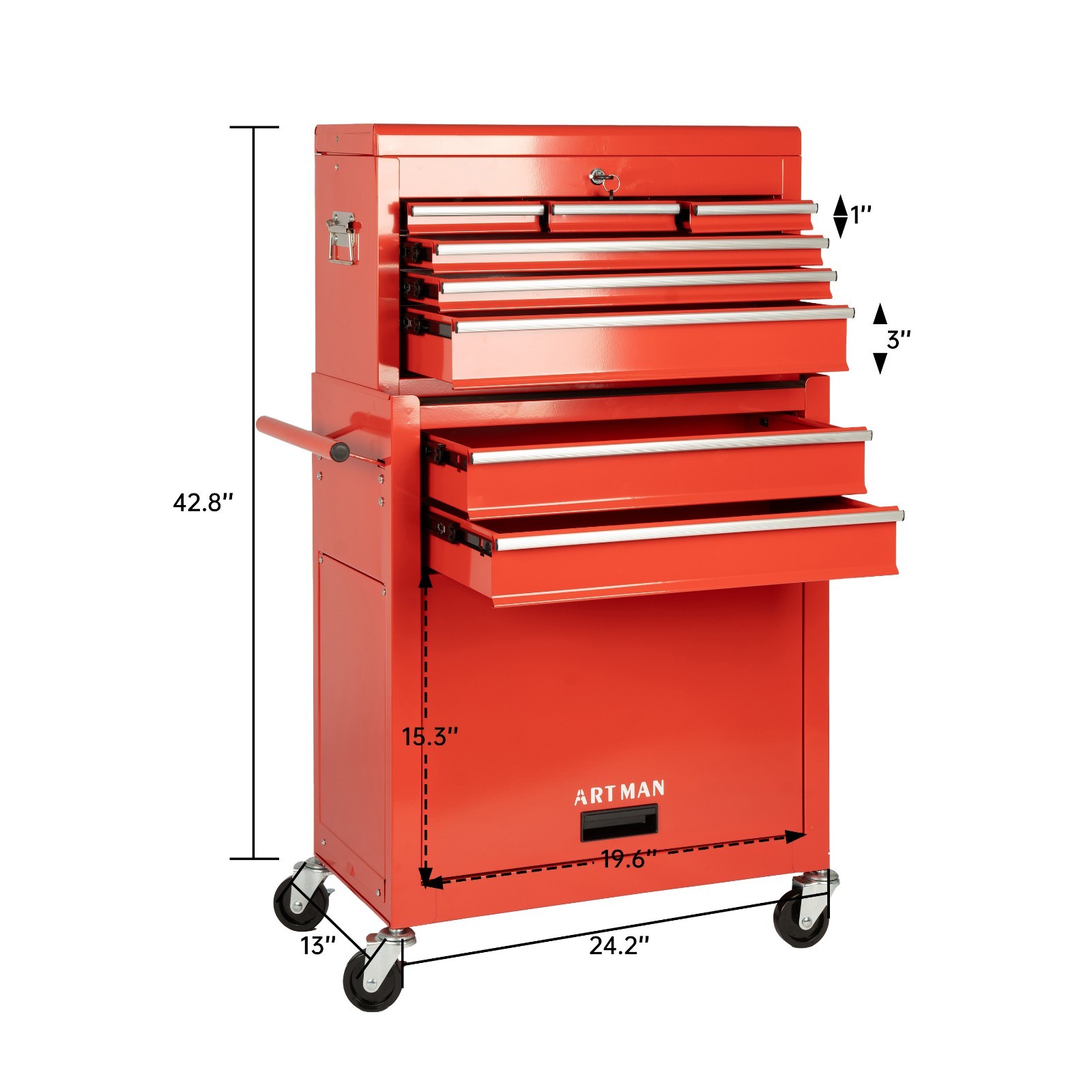 8-Drawer Rolling Tool Chest Cabinet with Lockable Wheels & Detachable Top, Red gallery