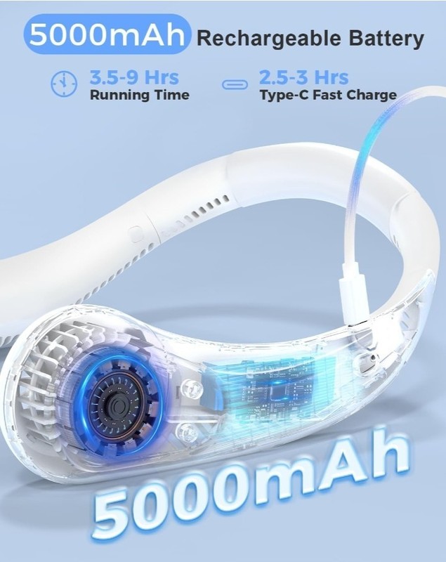 COMLIFE Portable Bladeless Neck Fan 5000mAh Rechargeable Battery 3 Speed White gallery