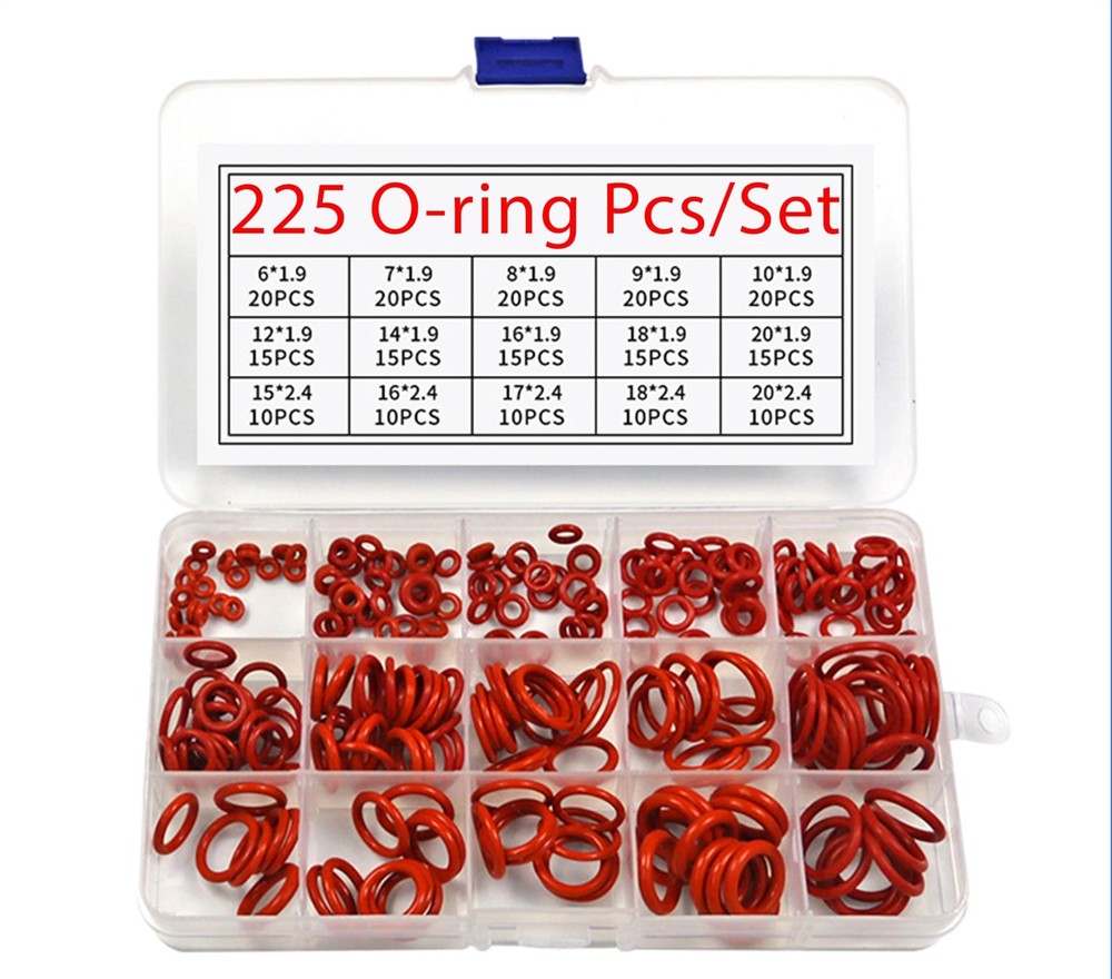 Silicone Rubber O-Ring Assortment Kit 225 Pieces 15 Sizes 20 millimeters, Red