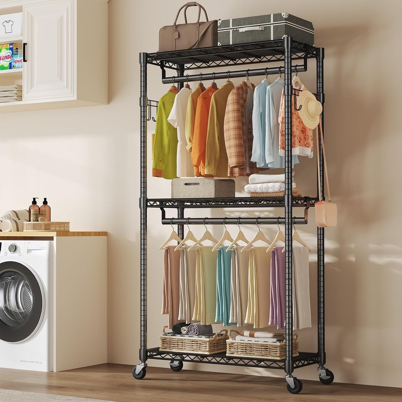 3 Tier Adjustable Wire Shelving Clothes Rack Double Rod Mobile Garment Organizer gallery