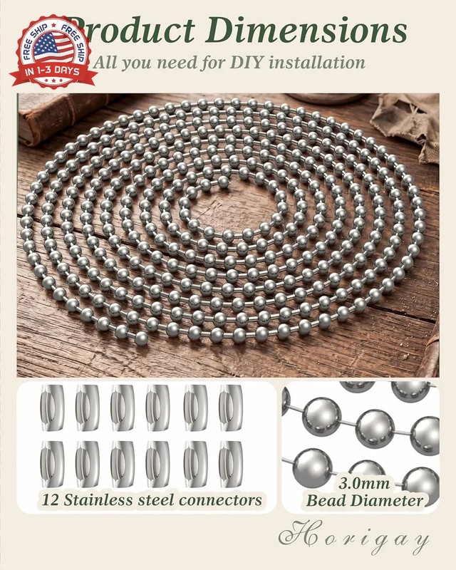 120-Inch Extra Long Ceiling Fan Pull Chain Extender, Premium Ball Chain with 12 gallery