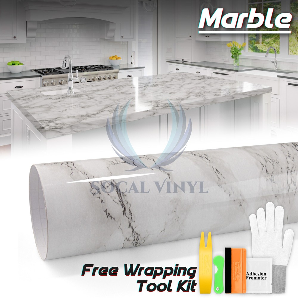*Premium Gloss White Marble Granite Look Vinyl Contact Paper Home Kitchen #8186