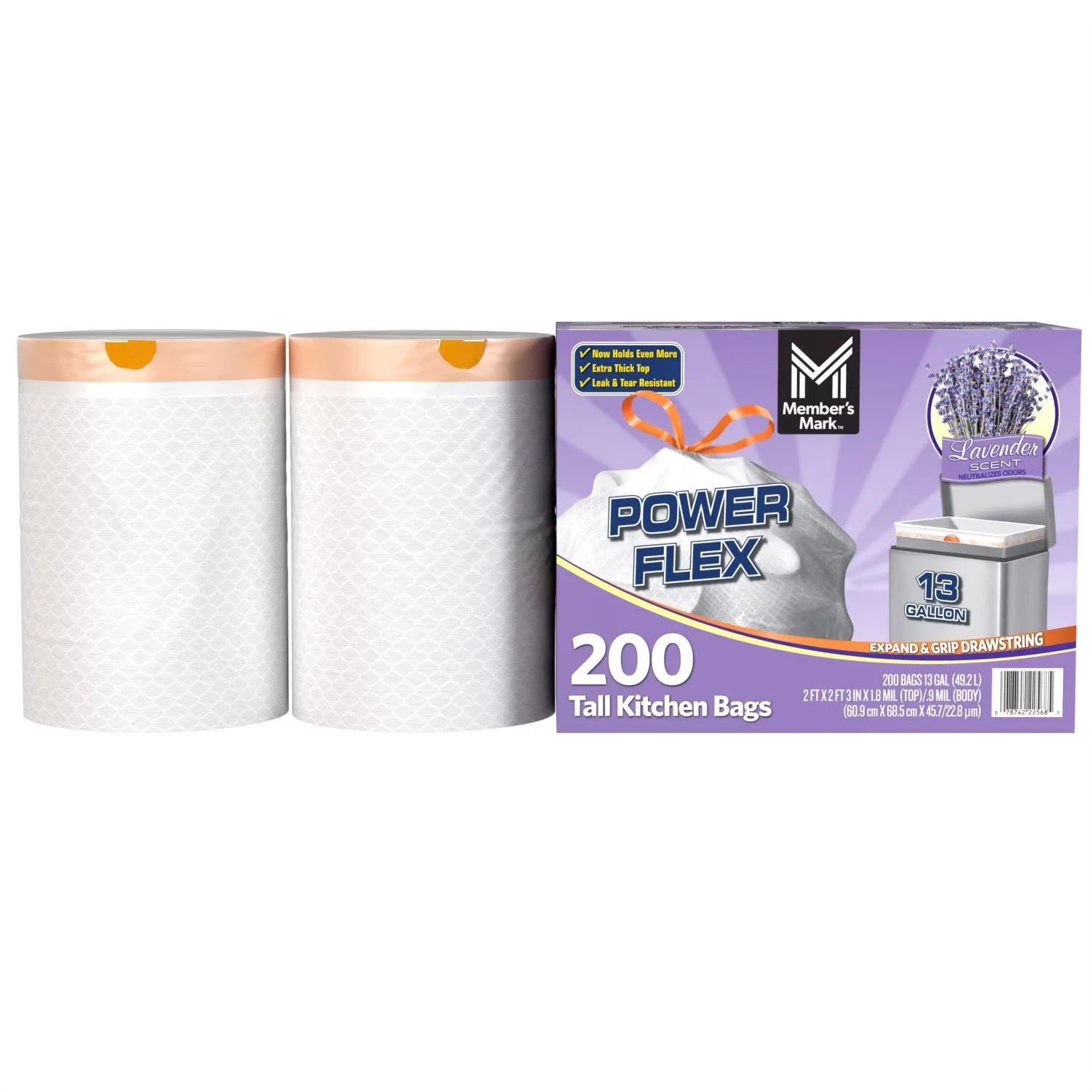 Member's Mark Power Flex 13-Gallon Tall Kitchen Trash Bags Lavender 200 ct gallery