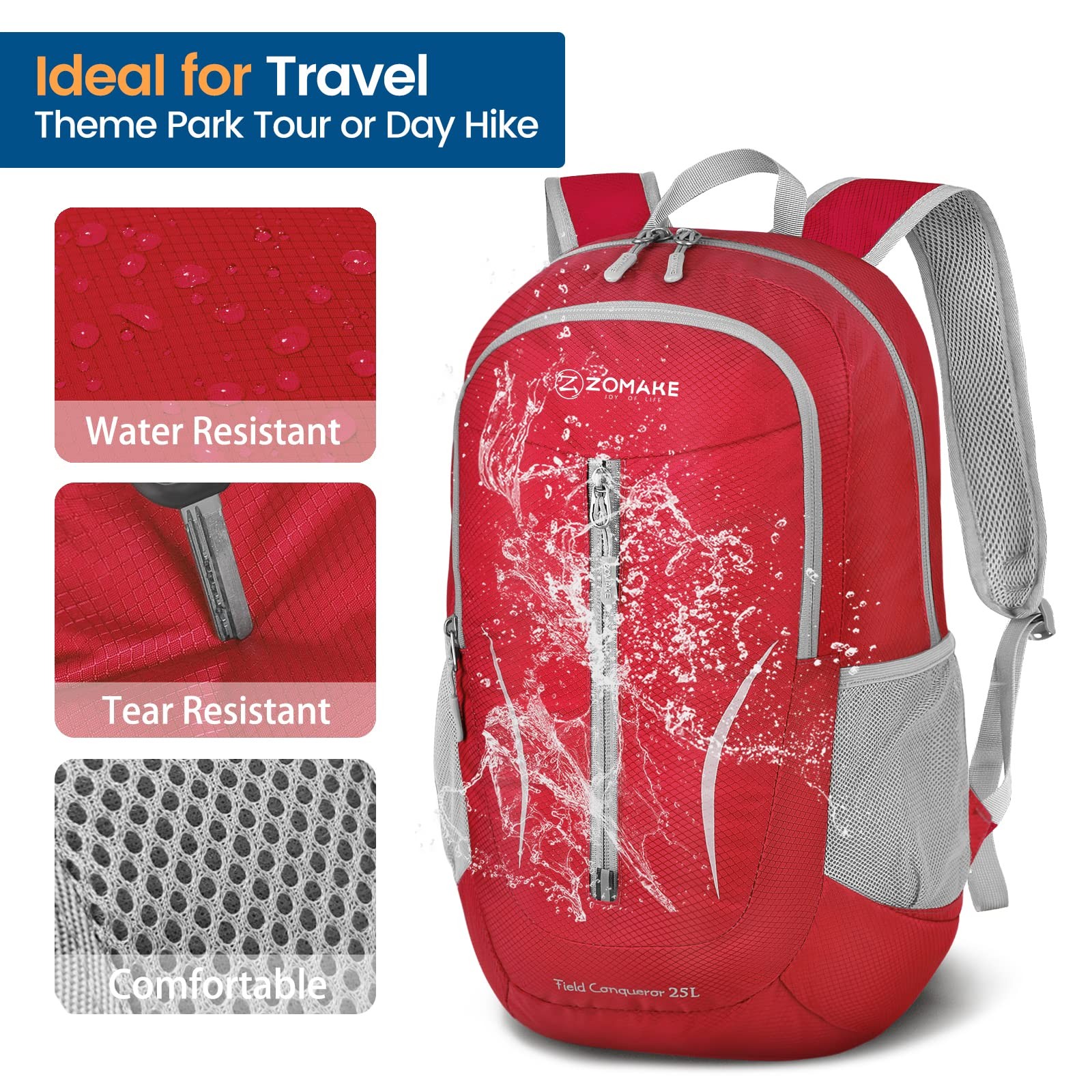 25L Red Ultra Lightweight Packable Backpack Foldable Water Resistant Hiking 4