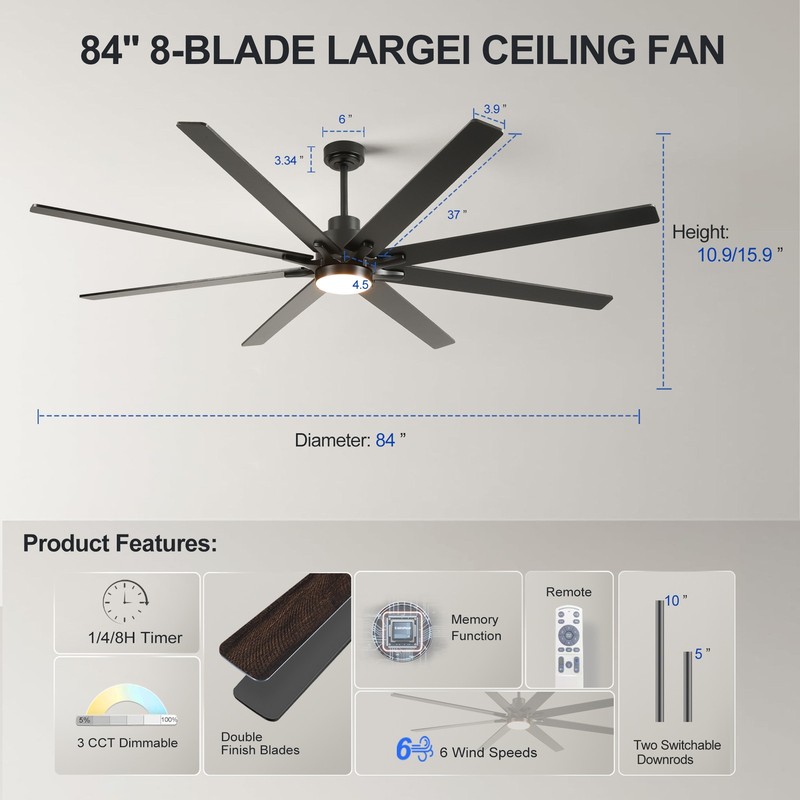 84" 8 Blade Reversible DC Ceiling Fan with Dimmable LED Light & Remote gallery