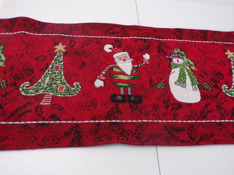Christmas Runner Tapestry Table Trees, Santa, Snowman Red 12" x 70" Long gallery