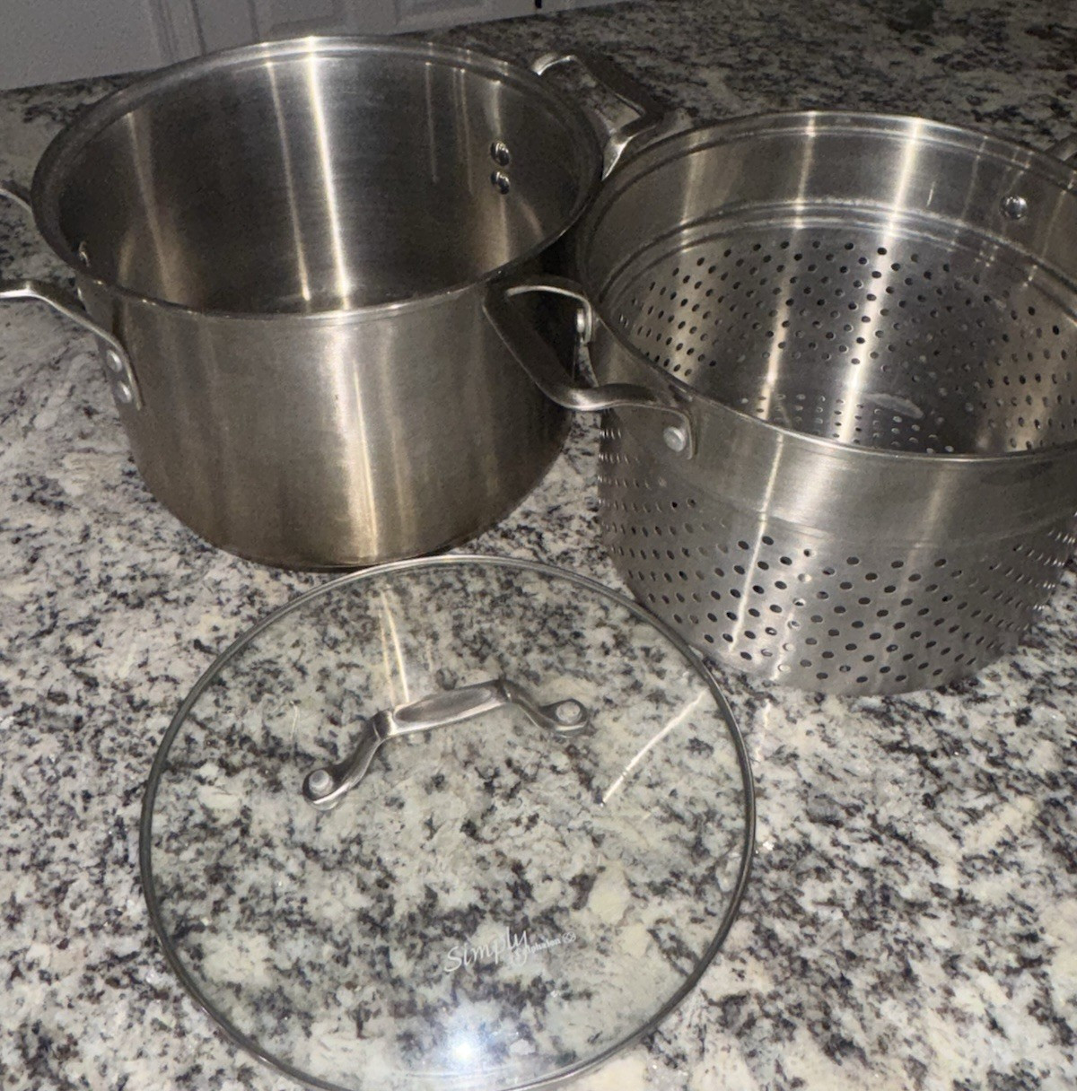 Calphalon 8Qt 8608 Stainless 4pc Stock Pot 1 steamer 1 strainer & glass lid EUC gallery