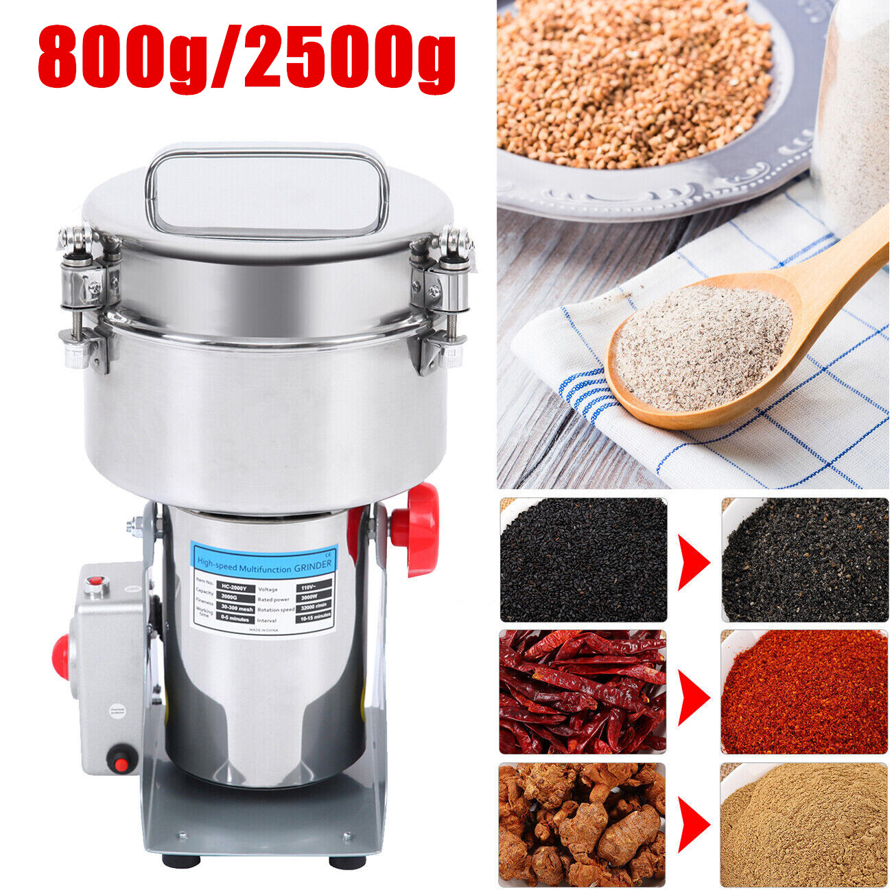 800g 2500g Commercial Spice Grinder Electric Grain Mill High Speed Pulverizer US gallery