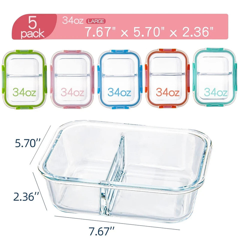 Glass Meal Prep Containers 2 Compartment with Lids (5 Pack 34Oz) Divided Storage gallery