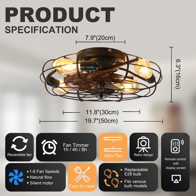 19.7" Ceiling Fan Light 6-Speed Low Noise 30 dB for Bedroom/Living Room Kitchen gallery