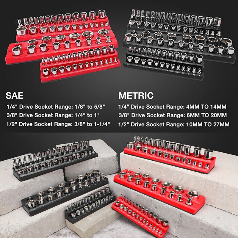 6-PACK Set Magnetic Socket Organizer Holder 1/4'' 3/8'' 1/2'' Drive SAE Metric gallery