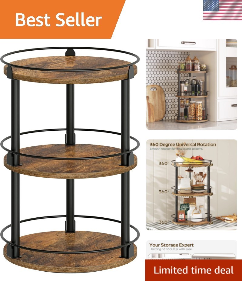 Industrial 3-Tier Spice Rack - Rustic Brown & Black, Smooth Rotating Organizer gallery