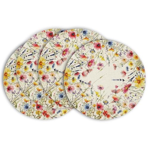 Daisy Lavender Floral Leaves Spring Round Placemats Set 14", Round 4 Pcs Beige gallery