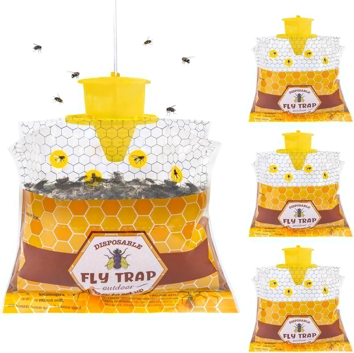 4 Pack Fly Traps Outdoor Hanging for Patio, Flies Bags Outdoor Disposable with 3 gallery