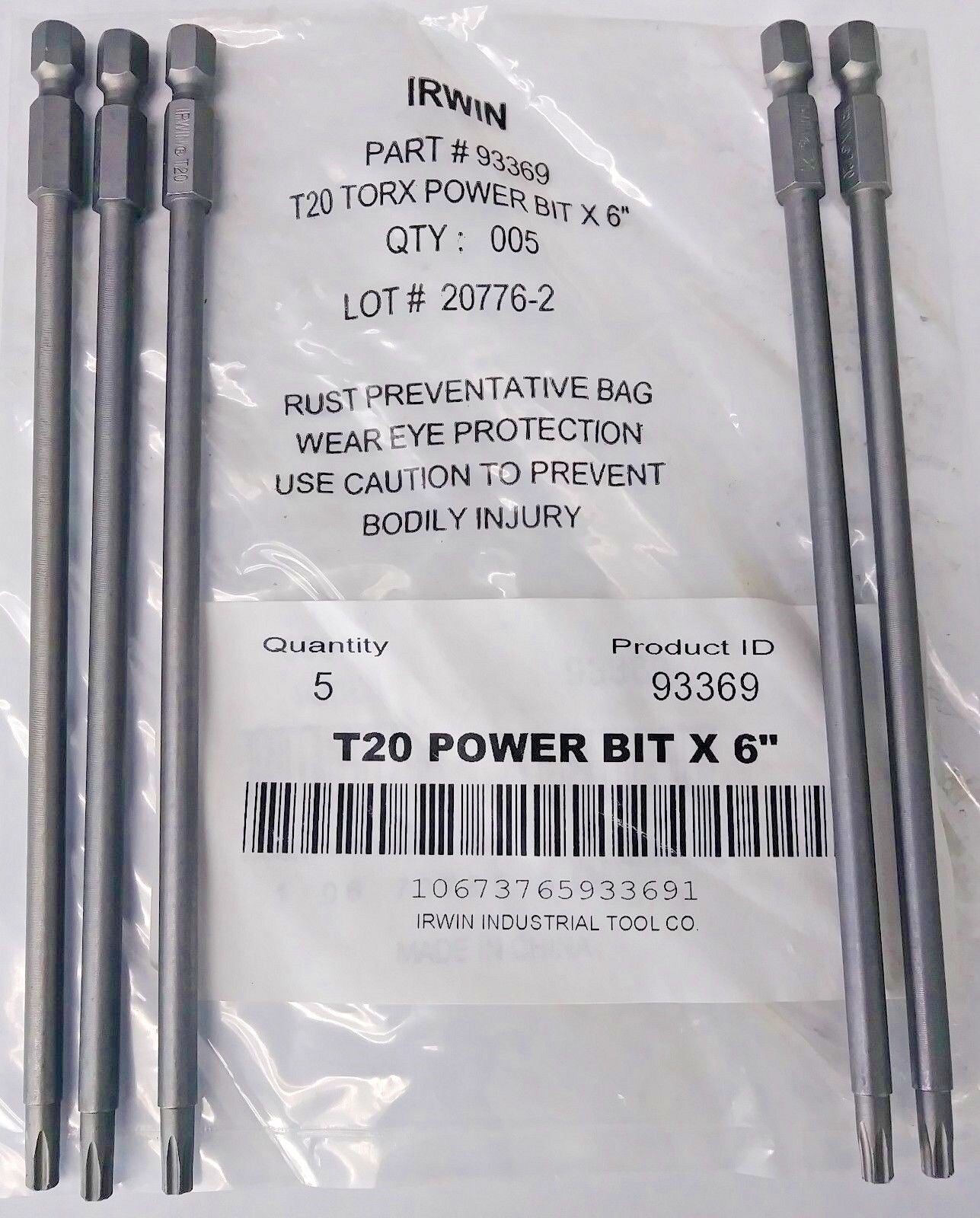 Irwin 93369 T20 Torx Power Bits 1/4" Hex Drive 6" OAL 5 Pack gallery