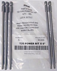 Irwin 93369 T20 Torx Power Bits 1/4″ Hex Drive 6″ OAL 5 Pack