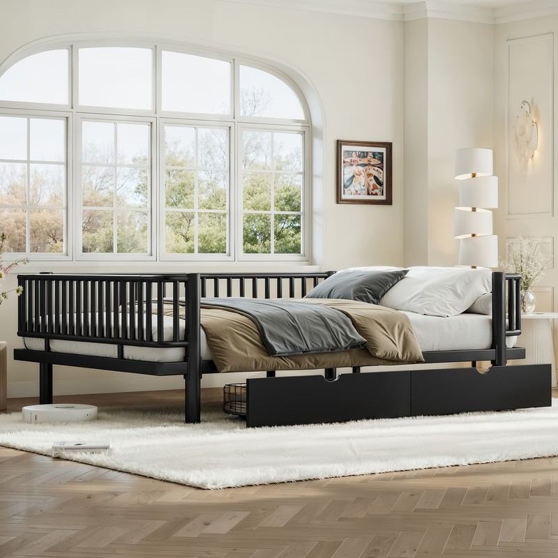 Queen Size Metal MDF Platform Bed Frame Daybed Slatted W/ Storage Drawers Black gallery