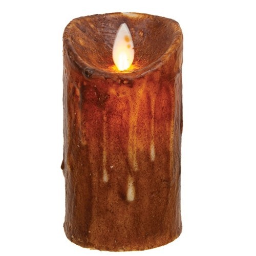 NEW PRIMITIVE PILLAR CANDLE BROWN TIMER Motion Faux Flame 4.5" x 2.5" LED RUSTIC gallery