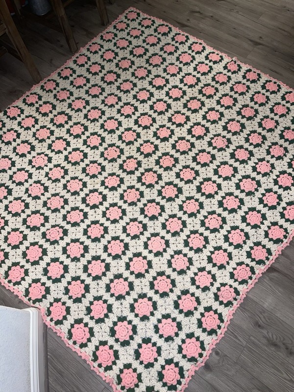 Handmade Crocheted Granny Square 3D Rose Floral Afghan Blanket 79”X72” & Pillow gallery