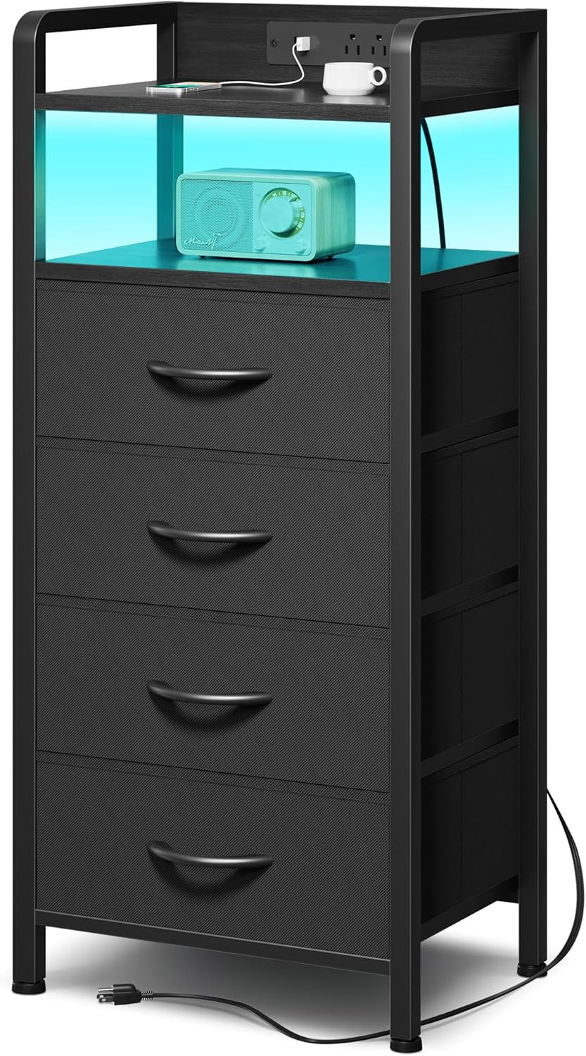 Tall Nightstand with Charging Station, LED Light & 4 Fabric Drawers gallery