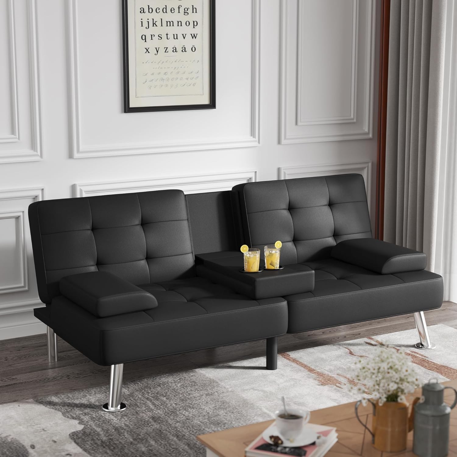 Flamaker Futon Sofa Bed Folding Convertible with 2 Cup Holders Black gallery
