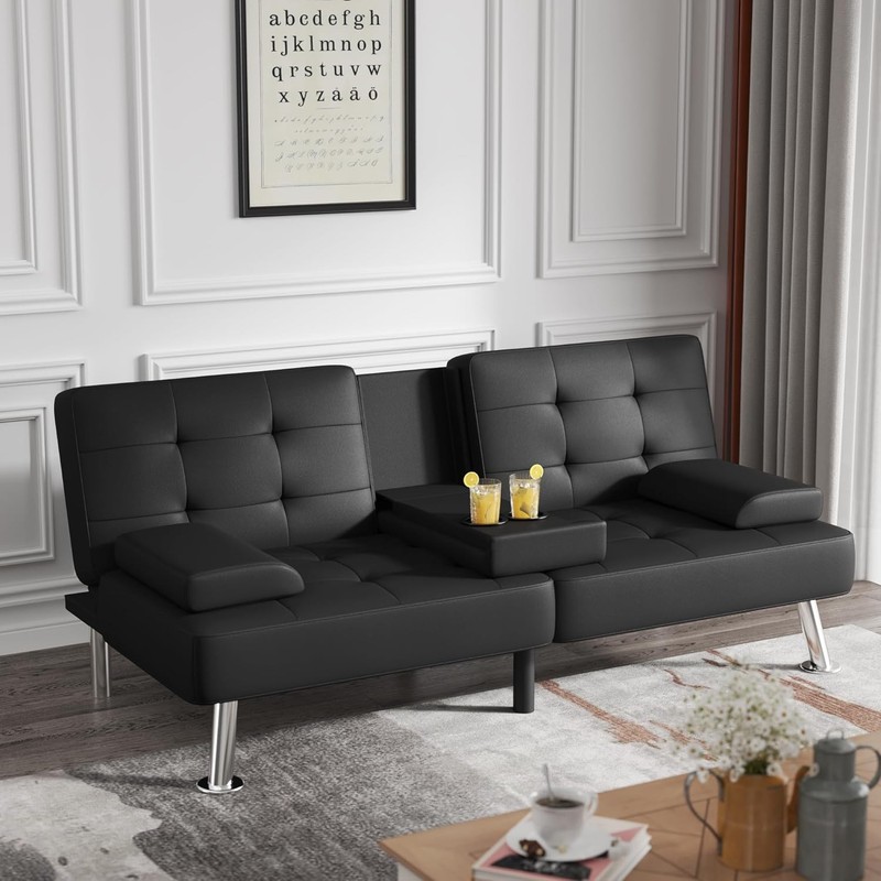 Flamaker Futon Sofa Bed Folding Convertible with 2 Cup Holders Black gallery