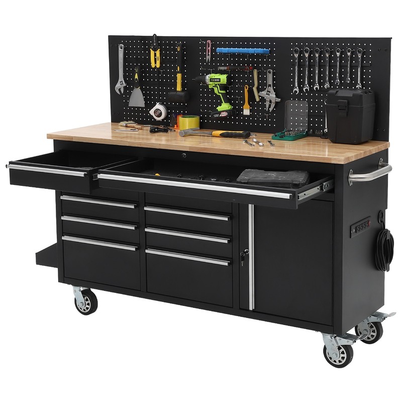 Workbench Rolling Tool Chest Heavy Duty Work Table with 10 Drawers and Pegboard gallery