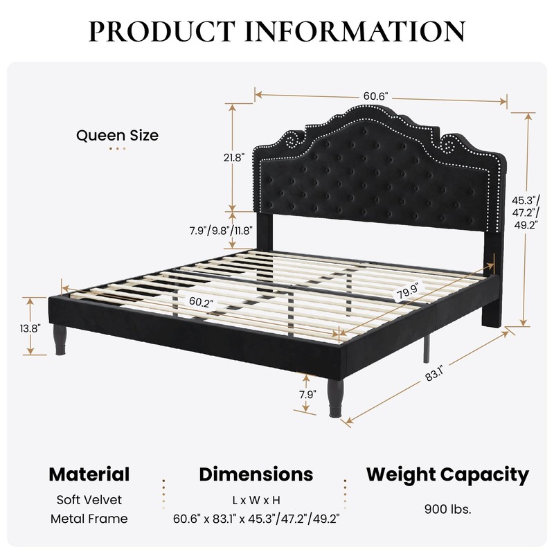SHA CERLIN Queen Bed Frame with Adjustable Headboard/Velvet Upholstered/Diamond gallery