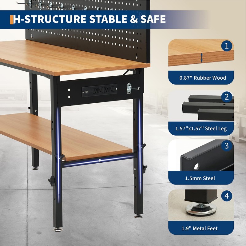 Adjustable Workbench, 60" Work Bench with Power Outlet, Pegboard 2200 Lbs Load gallery