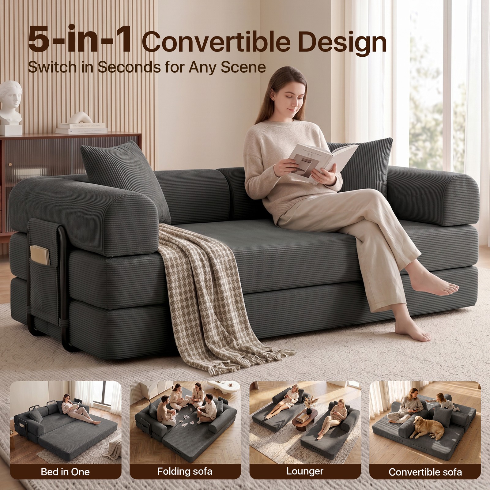 Washable Sofa Bed Couch Sleeper Convertible Fold-Out Bed Couch With Side Pockets gallery