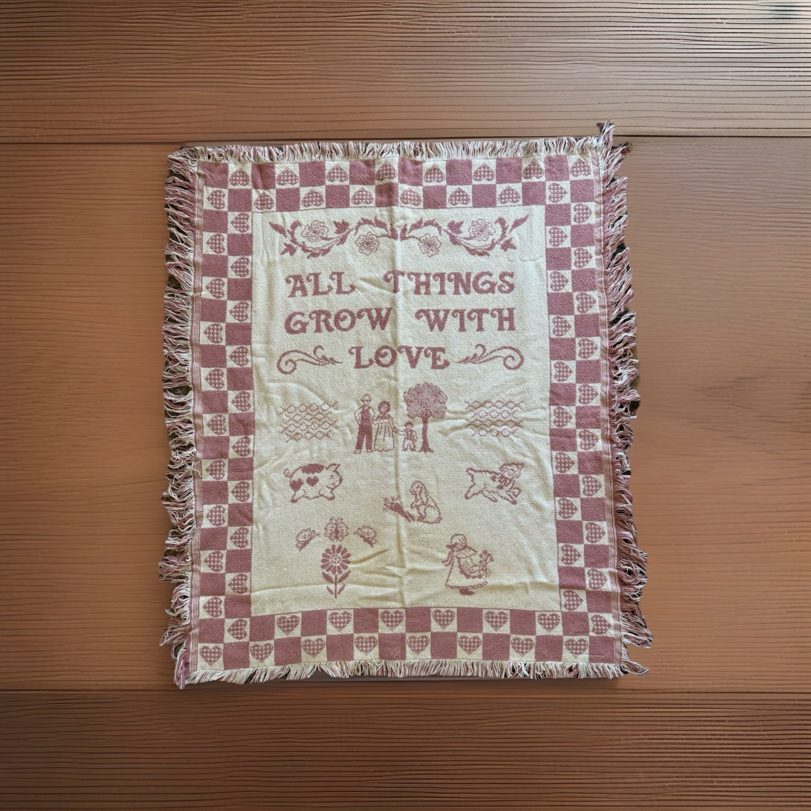 Vintage "All Things Grow With Love" Tapestry Throw Blanket-Goodwin Weavers Pink gallery