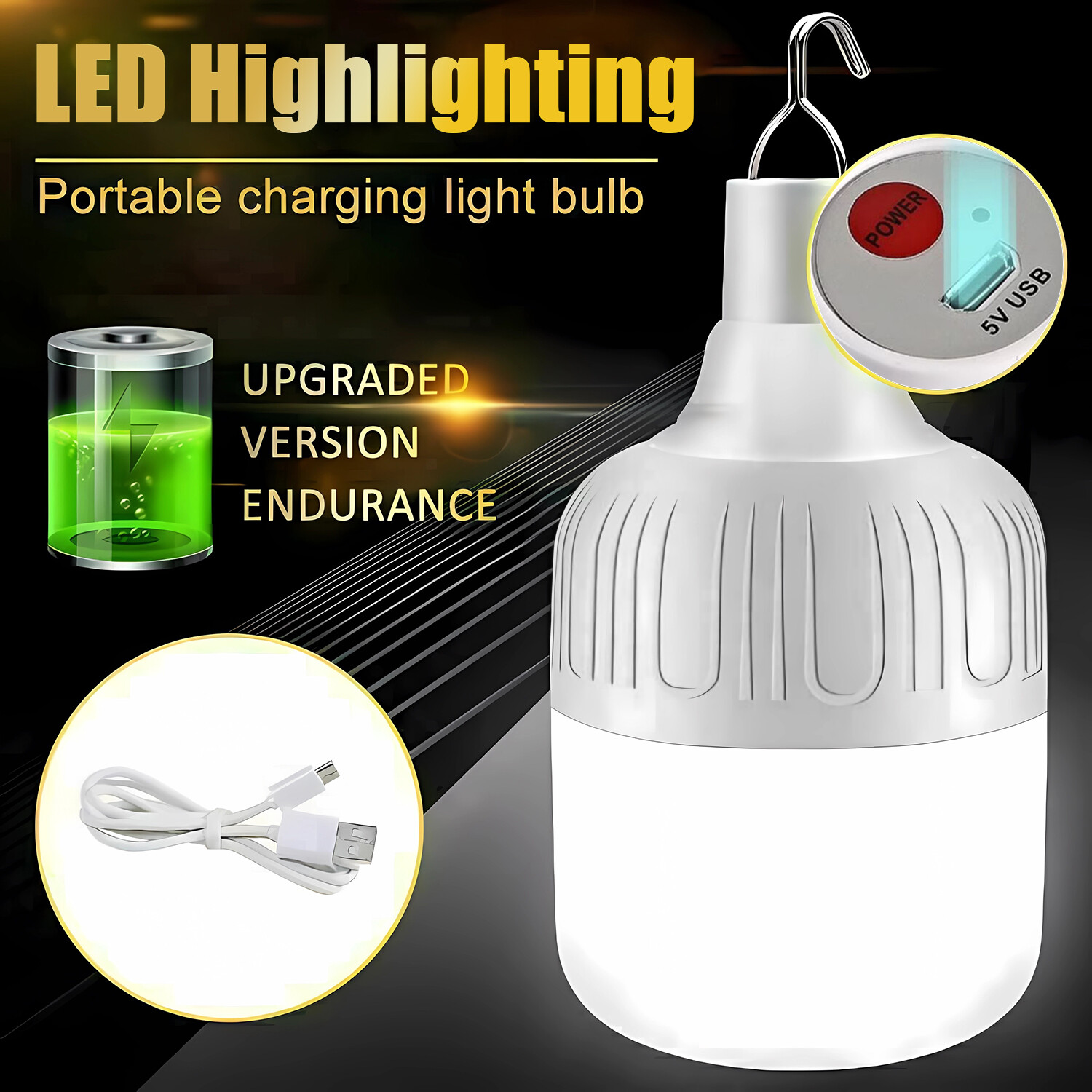 20W USB Rechargeable LED Work Lights Bulb with Hanging BBQ Camping Emergency gallery