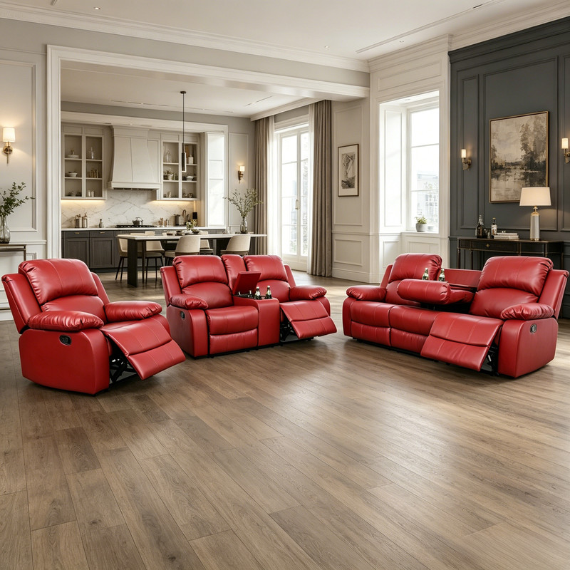 Red Semi PU PVC 3PC Reclining Sofa Set Loveseat Chair Console Cup Holders gallery