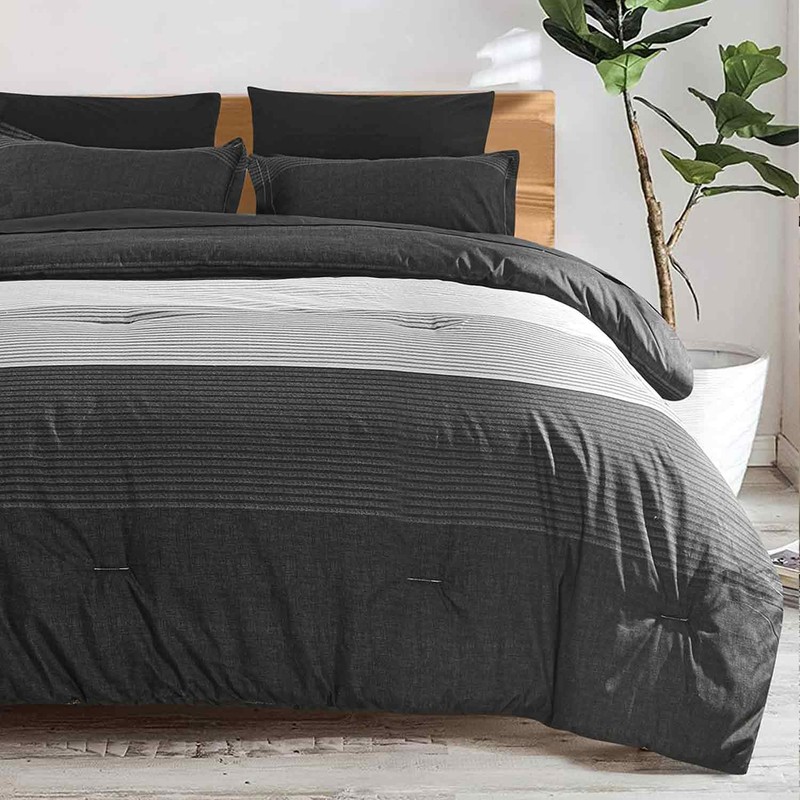 King Comforter Set Grey Black Patchwork Stripe Reversible Bedding 7 Piece gallery