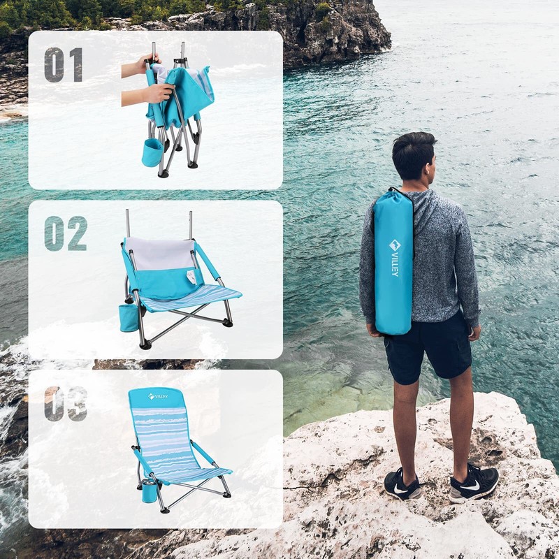 VILLEY 2-Pack High Back Folding Beach Chair Low Beach Chair Cup Holder Carry Bag gallery