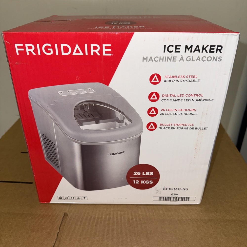 Frigidaire, 26 lbs. Ice Maker, Bullet-Shaped Ice, Stainless Steel, EFIC130‼️✅🔥