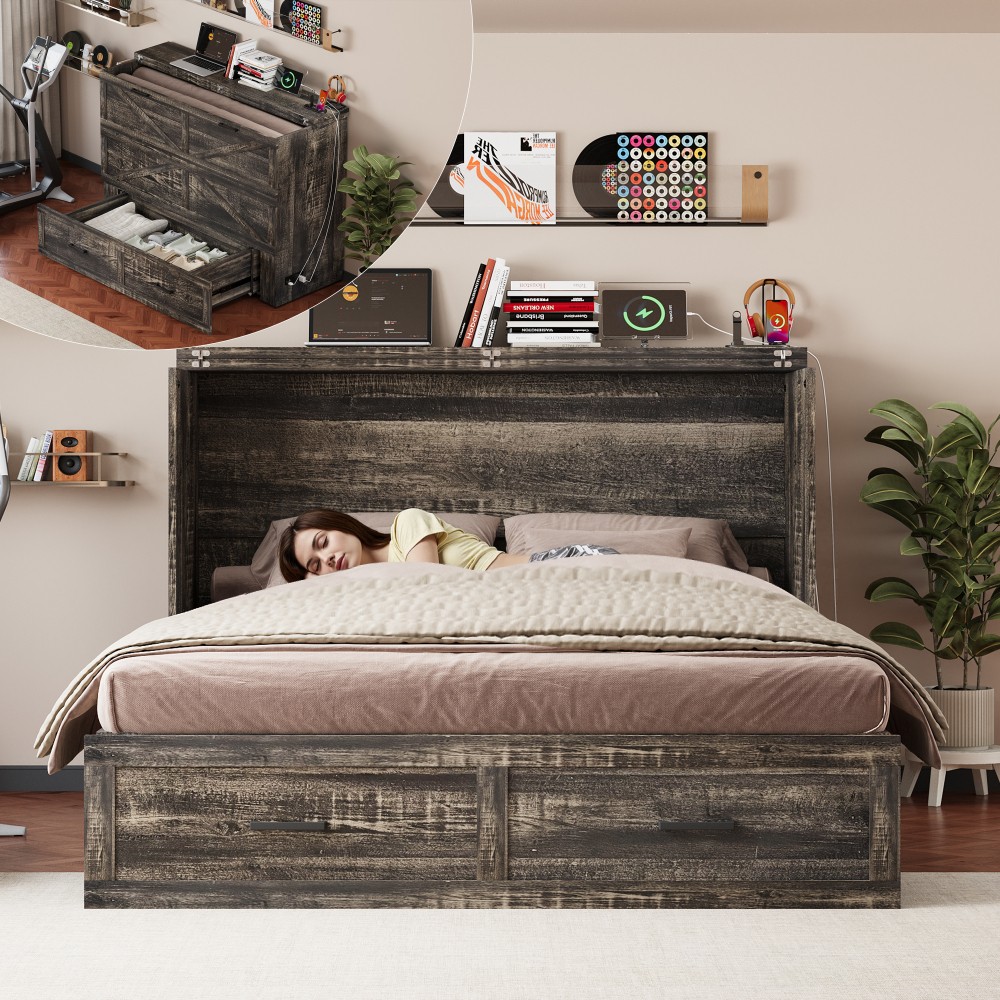 Queen Murphy Bed with Charging Station,Farmhouse Murphy Cabinet Bed w/Drawer