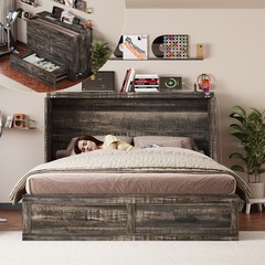 Queen Murphy Bed with Charging Station,Farmhouse Murphy Cabinet Bed w/Drawer