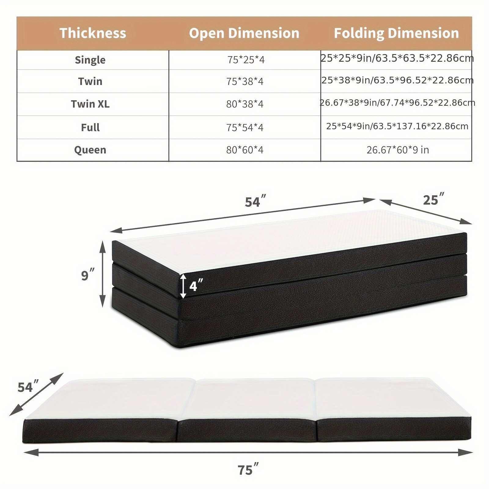 4-Inch Tri-Fold Memory Foam Folding Mattress Topper Portable for Camping, Guest gallery