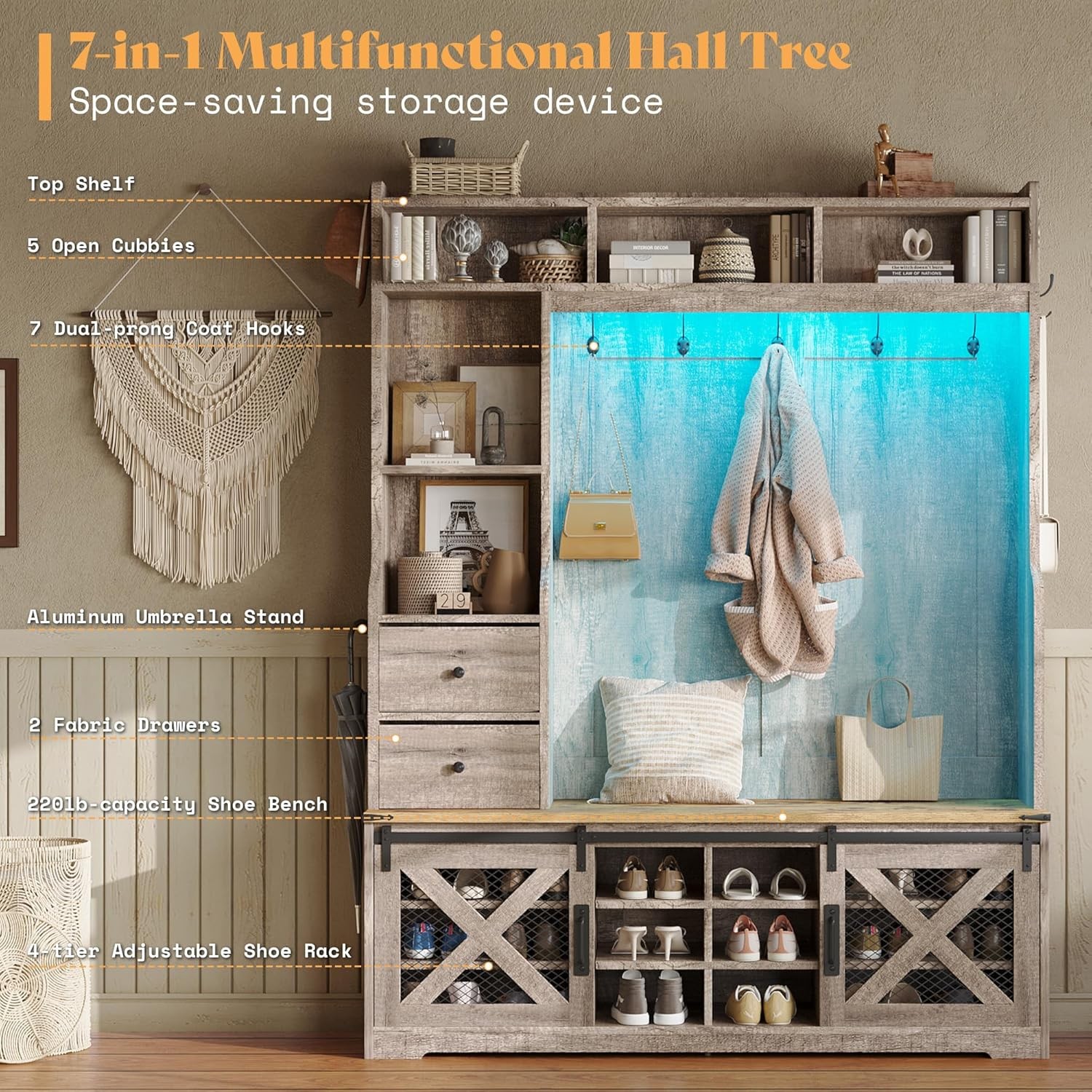 75"H 7-in-1 Farmhouse Hall Tree with Bench and shoe storage LED Entryway Bench gallery