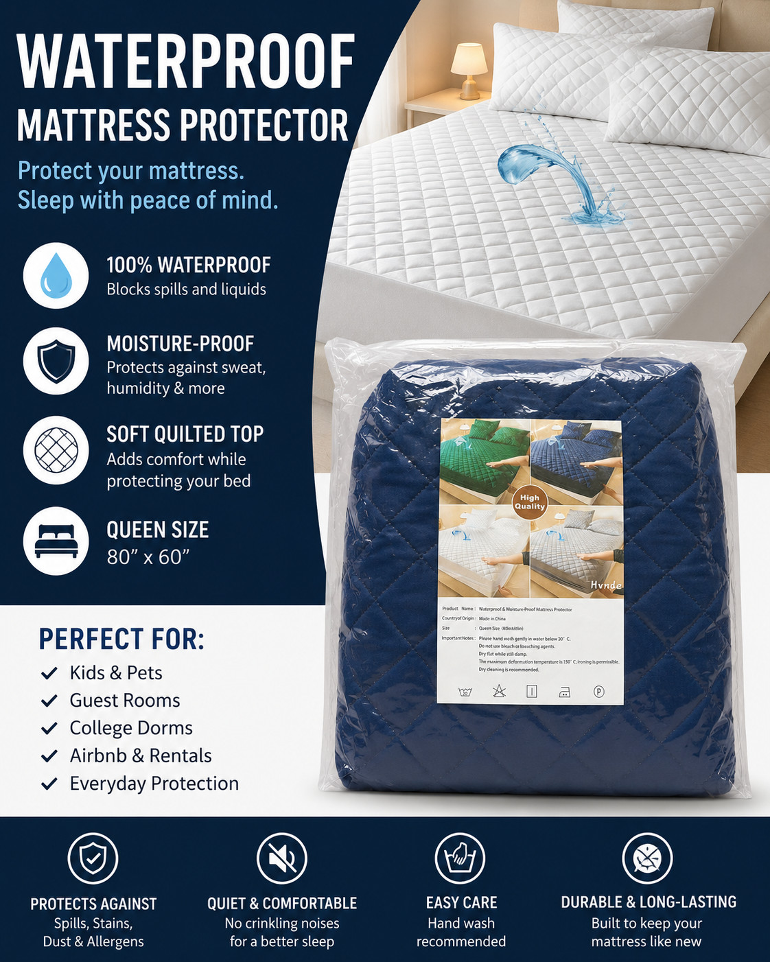 Queen Waterproof Mattress Protector Quilted Mattress Pad Cover Navy Blue New gallery