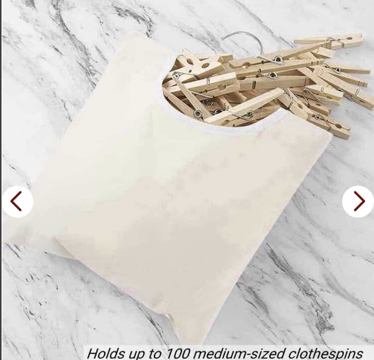 CANVAS CLOTHESPIN BAG W ROTATING HANGING HOOK 15”x11” HOLDS 100 CLOTHESPINS gallery