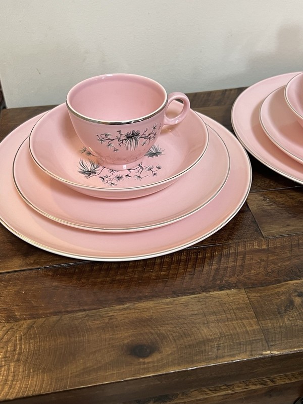 TAYLOR SMITH & TAYLOR DWARF PINE Pink 4 Pc Service Set Plates China Dishes VTG gallery