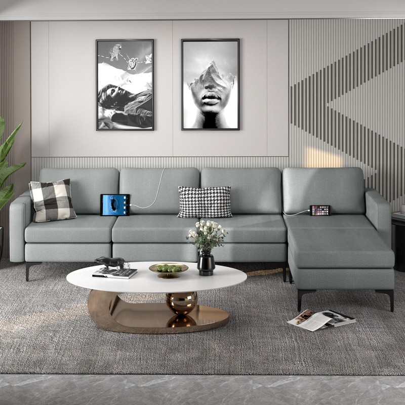 Modular L-shaped Sectional Sofa w/ 4 Seats & Removable Ottoman & 4 USB Ports gallery