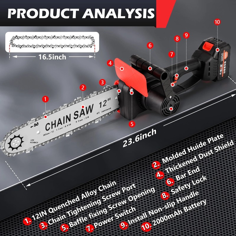 12" Cordless Chainsaw 21V Brushless Electric Handheld Chain Saw +Battery&Charger gallery