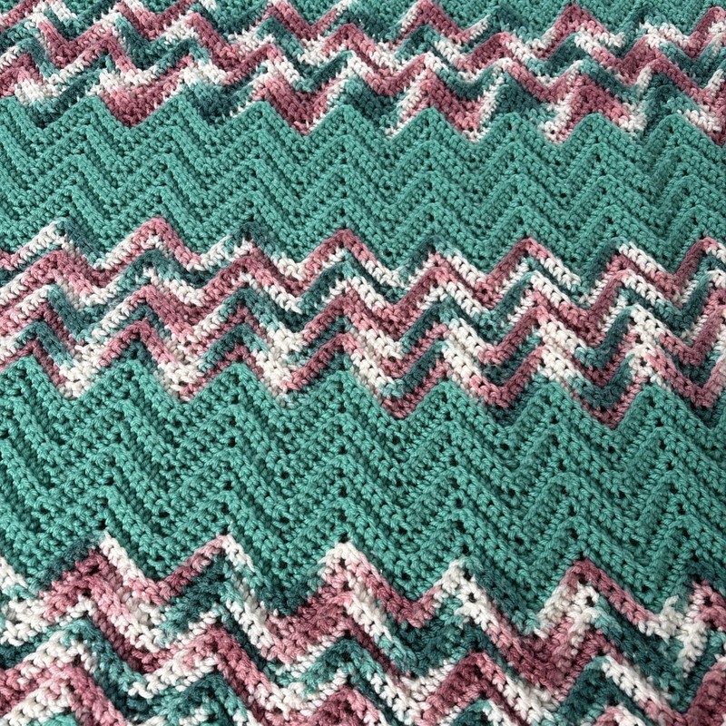 Handmade Crochet AFGHAN Knit Chevron Zig Zag Blanket Throw Teal Pink White gallery