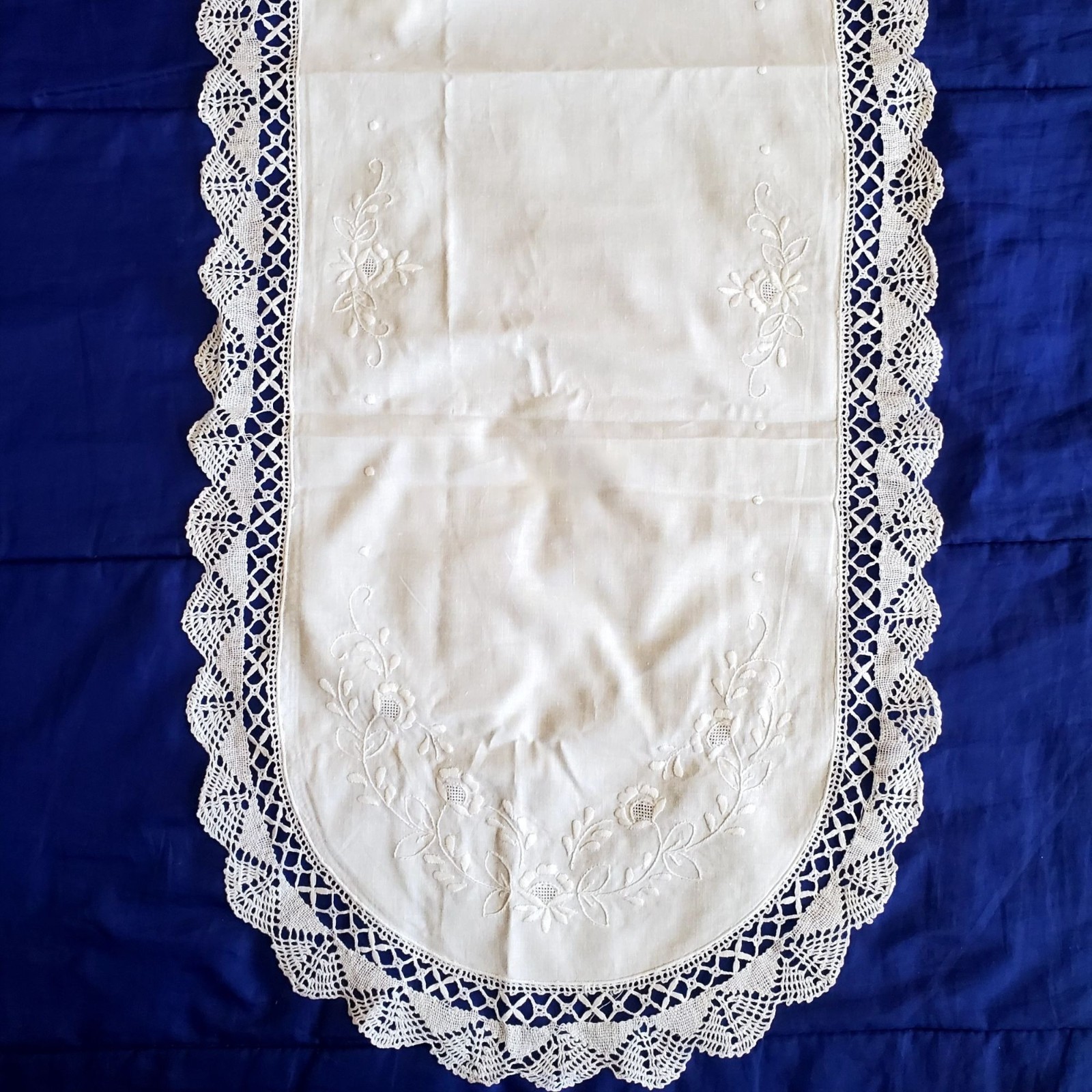 2 Vtg Table Runners Hand-Embroidered Cotton 54x16" Open Work White on White Lace gallery