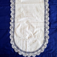 2 Vtg Table Runners Hand-Embroidered Cotton 54×16″ Open Work White on White Lace