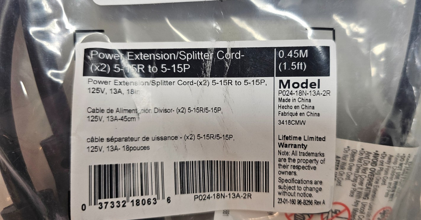Tripp Lite Power Extension Cord Y Splitter Cable 13A, 16AWG, 5-15P To 2x 5-15R gallery